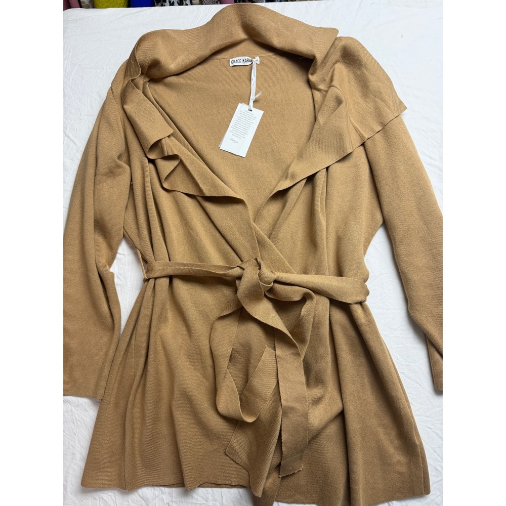 New With Tags Grace Karin Women's Camel Tie Belt Cardigan Size 2XL